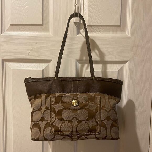 Coach Handbags - Coach Signature khaki & Brown canvas medium Shoulder with Brown trims & …